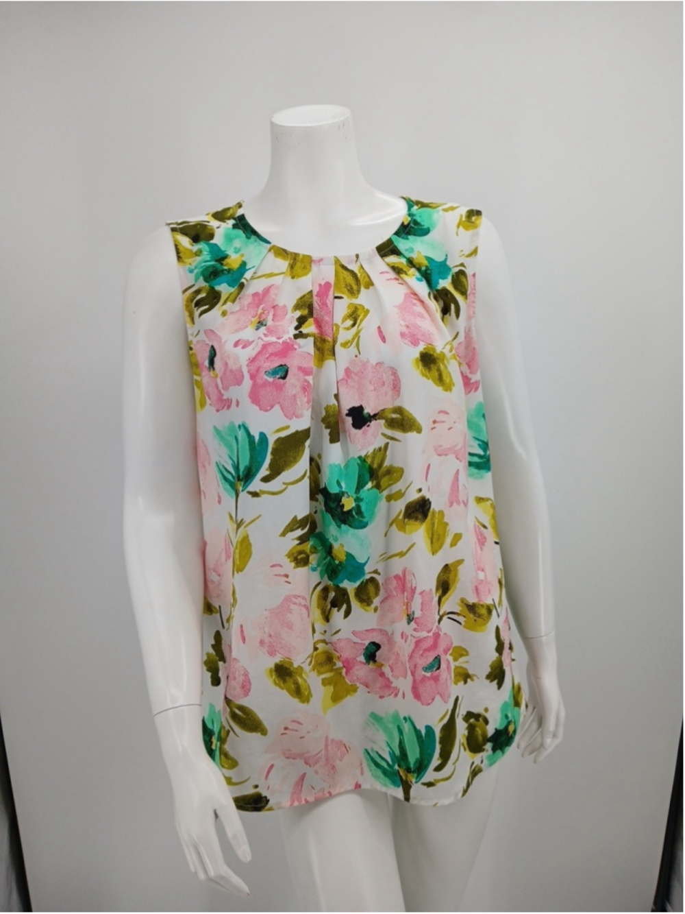 Merona Sleeveless Floral Blouse Size XL Pink Yellow Green Watercolor Print